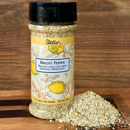 Bright lemon and orange that work seamlessly with herbs, and both black and white peppercorns for this light savory blend.