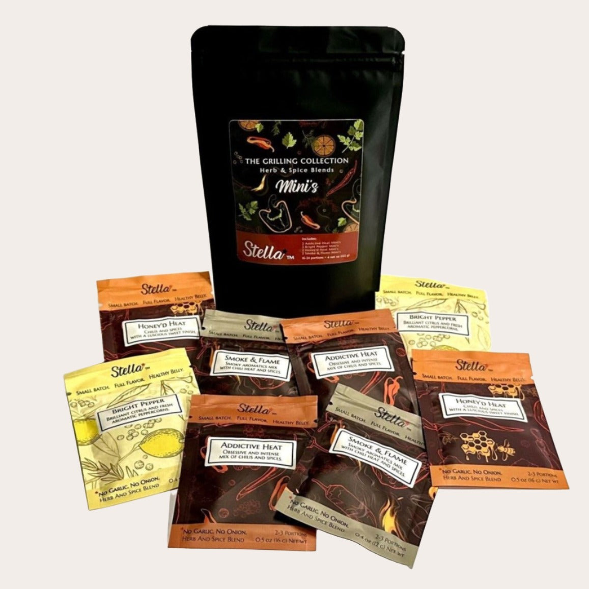 The Grilling Collection Min's Herb & Spice Blends by Stella Foods. The perfect gift set with two each of these four herb & spice blends for the popular grillmaster to try on just a few portions. These great sizes are also perfect to take on vacation or on the road. Low FODMAP. No garlic. No onions. The Grilling Collection Mini's includes Bright Pepper, Addictive Heat, Honey'd Heat and Smoke & Flame.