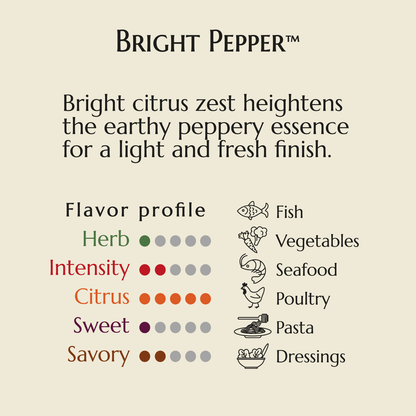 Bright Pepper, a sunny bright citus and herb blend that is garlic and onion free, low FODMAP, gluten free and vegan