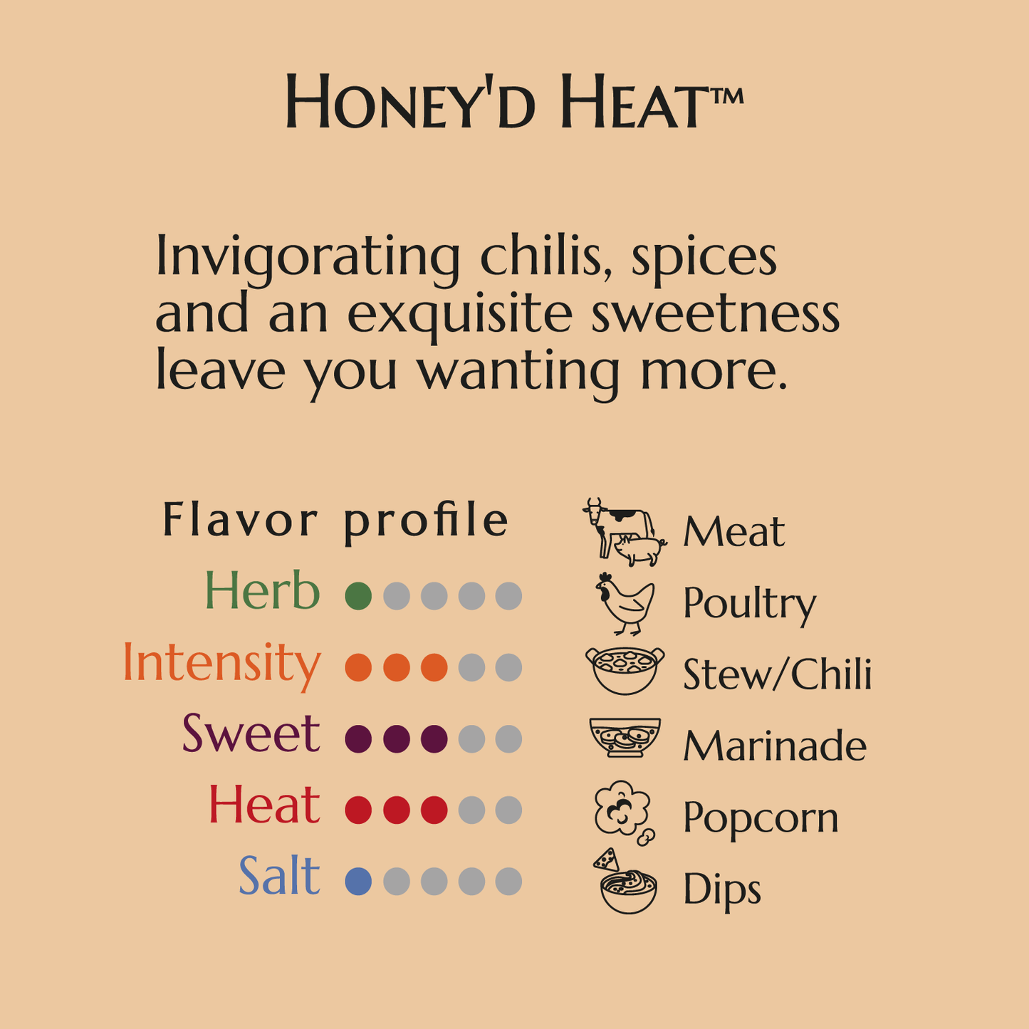 Honey'd Heat, Aleppo and cayenne peppers, savory garden vegetables, spices and a delicate sweet balance.  Low FODMAP, gluten free.