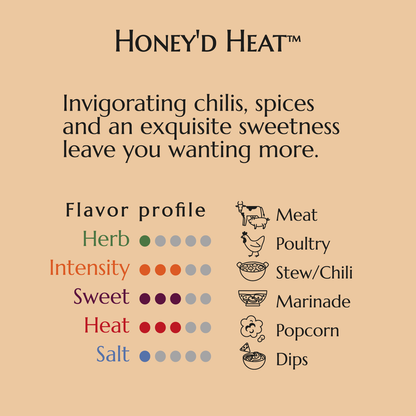 Honey'd Heat, Aleppo and cayenne peppers, savory garden vegetables, spices and a delicate sweet balance.  Low FODMAP, gluten free.